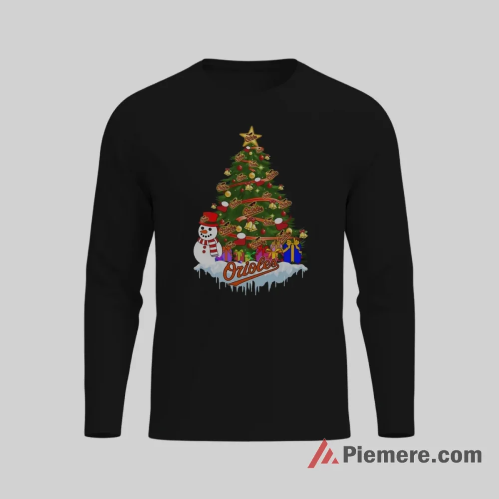 Baltimore Orioles Christmas Tree Baseball Shirt on black long sleeve shirt for men graphic tee