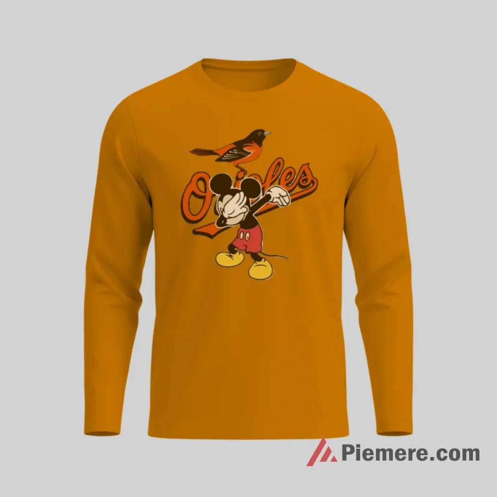 Baltimore Orioles Dabbing Mickey Mouse Baseball Shirt on orange long sleeve shirt for men graphic tee