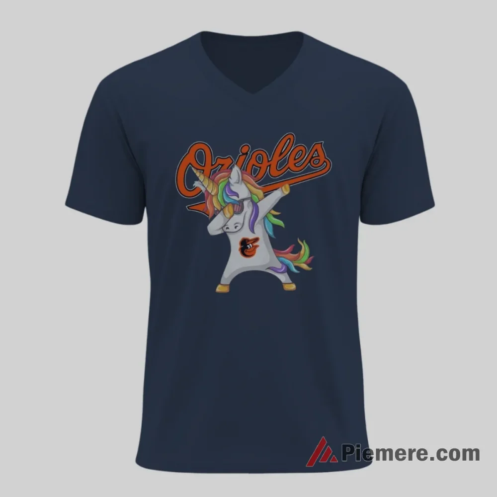 Baltimore Orioles Dabbing Unicorn Funny Baseball Shirt on navy v-neck shirt for men graphic tee