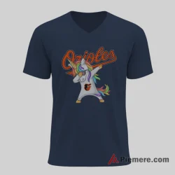 Baltimore Orioles Dabbing Unicorn Funny Baseball Shirt on navy v-neck shirt for men graphic tee