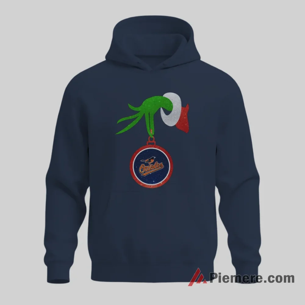 Baltimore Orioles Grinch Christmas Ornament Shirt on navy hoodie for men graphic tee