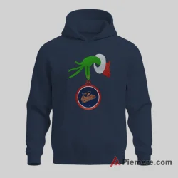 Baltimore Orioles Grinch Christmas Ornament Shirt on navy hoodie for men graphic tee