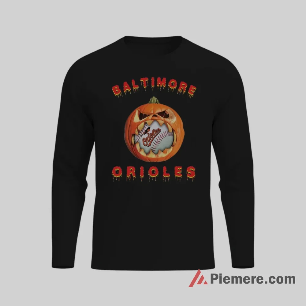 Baltimore Orioles Halloween Pumpkin Baseball Shirt on black long sleeve shirt for men graphic tee