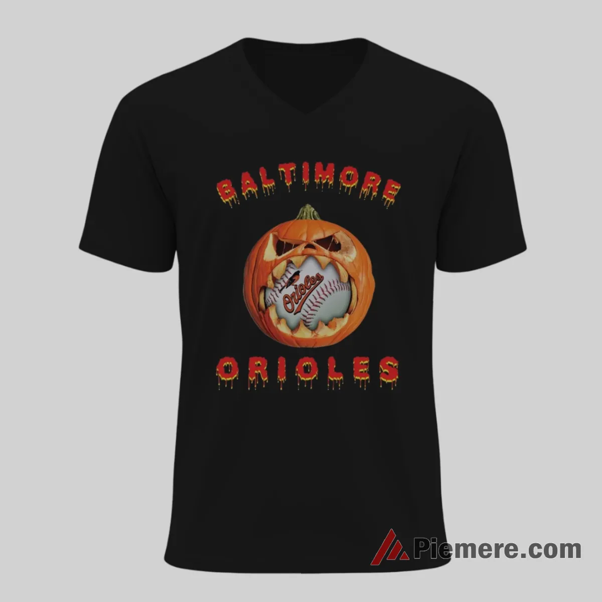 Baltimore Orioles Halloween Pumpkin Baseball Shirt on black v-neck shirt for men graphic tee