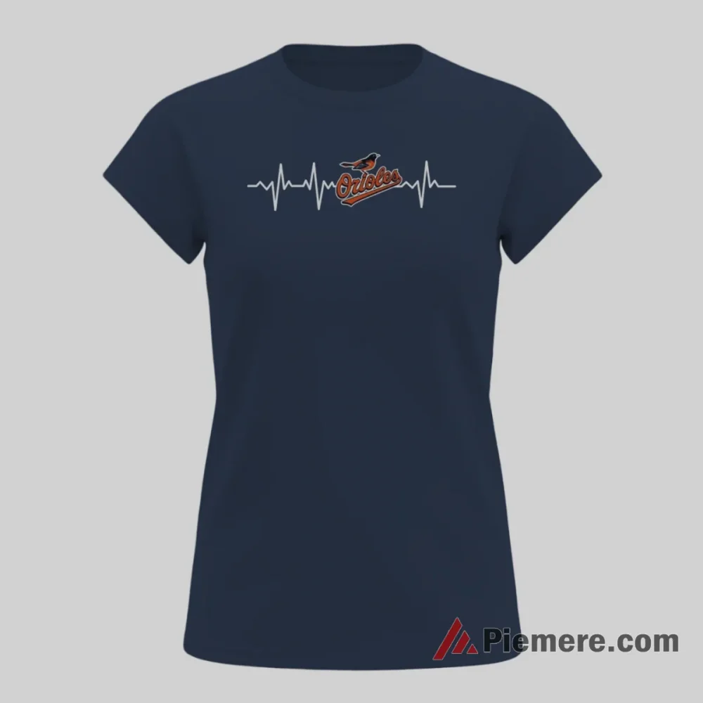 Baltimore Orioles Heartbeat Baseball Fan Shirt on navy short sleeve shirt for women graphic tee