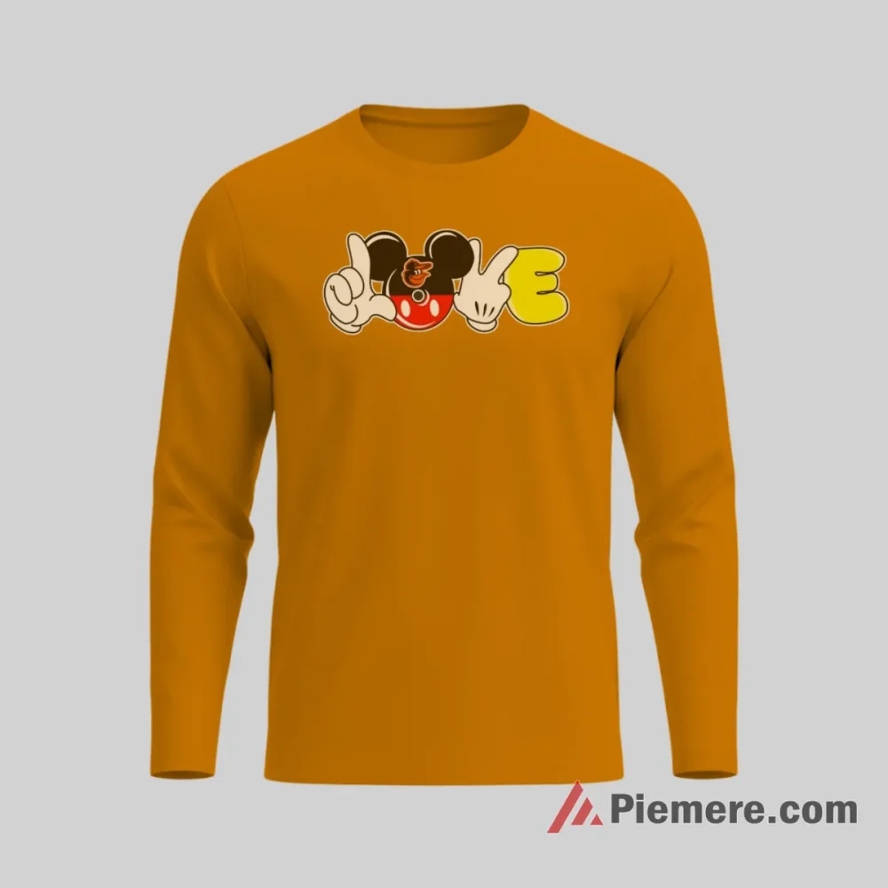 Baltimore Orioles Love Hand Mickey Mouse Baseball Shirt on orange long sleeve shirt for men graphic tee