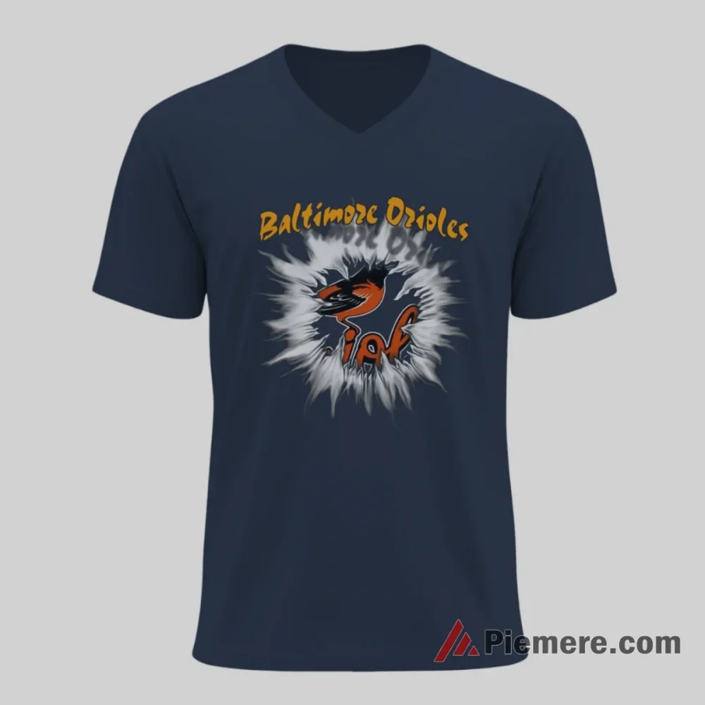 Baltimore Orioles Mascot Ripping Through Wall Baseball Shirt on navy v-neck shirt for men graphic tee