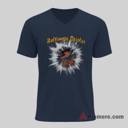 Baltimore Orioles Mascot Ripping Through Wall Baseball Shirt on navy v-neck shirt for men graphic tee