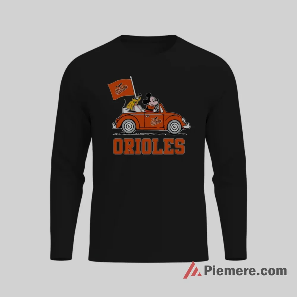 Baltimore Orioles Mickey Mouse And Pluto Road Trip Baseball Shirt on black long sleeve shirt for men graphic tee