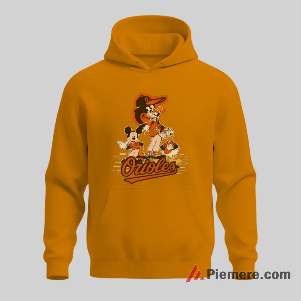 Baltimore Orioles Mickey Mouse Donald Duck Goofy Champions Shirt on orange hoodie for men graphic tee