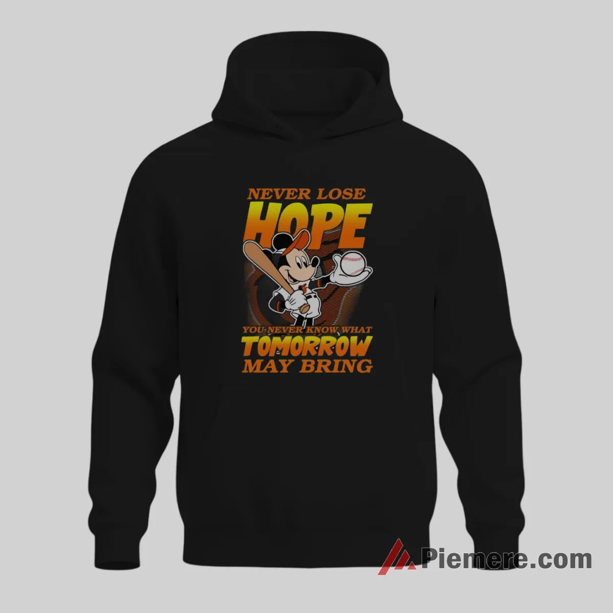 Baltimore Orioles Never Lose Hope Mickey Mouse Baseball Shirt on black hoodie for men graphic tee
