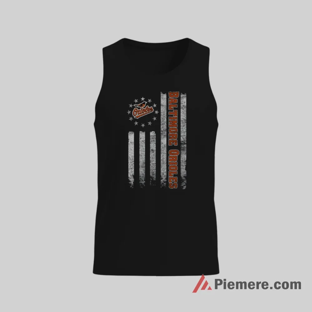 Baltimore Orioles Patriotic American Flag Baseball Fan Shirt on black tank top for men graphic tee
