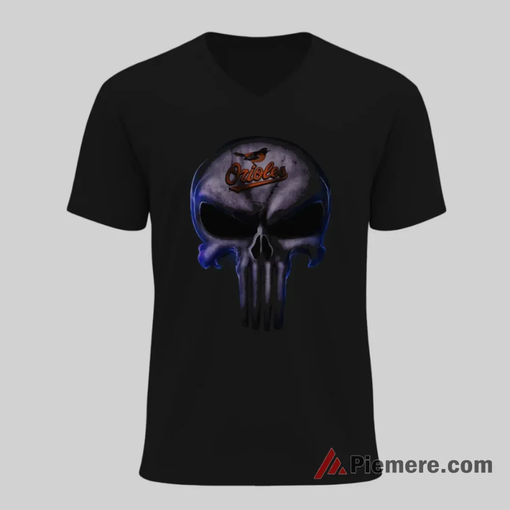 Baltimore Orioles Punisher Skull Dark Fan Shirt on black v-neck shirt for men graphic tee