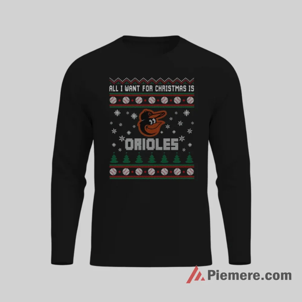 Baltimore Orioles Ugly Christmas Baseball Fan Shirt on black long sleeve shirt for men graphic tee