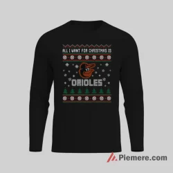 Baltimore Orioles Ugly Christmas Baseball Fan Shirt on black long sleeve shirt for men graphic tee