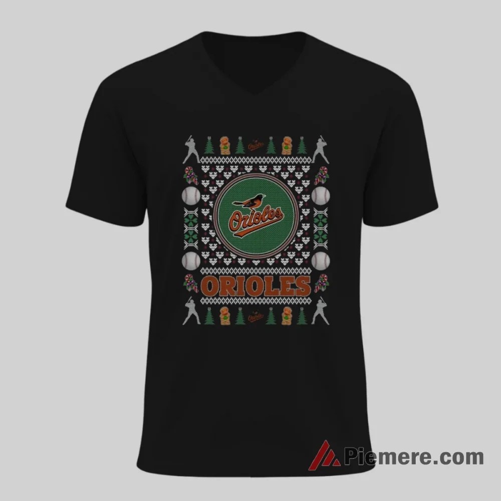 Baltimore Orioles Ugly Christmas Sweater Baseball Shirt on black v-neck shirt for men graphic tee