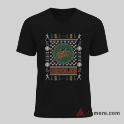 Baltimore Orioles Ugly Christmas Sweater Baseball Shirt on black v-neck shirt for men graphic tee