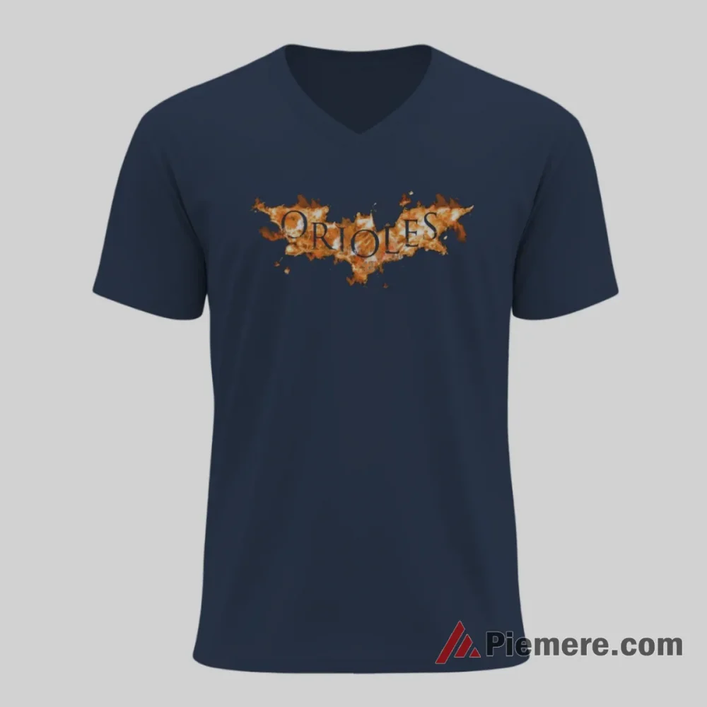 Batman Inspired Baltimore Orioles Fire Logo Shirt on navy v-neck shirt for men graphic tee