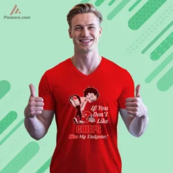 Betty Boop Kansas City Chiefs Endzone Kiss Football Shirt with playful slogan and KC helmet