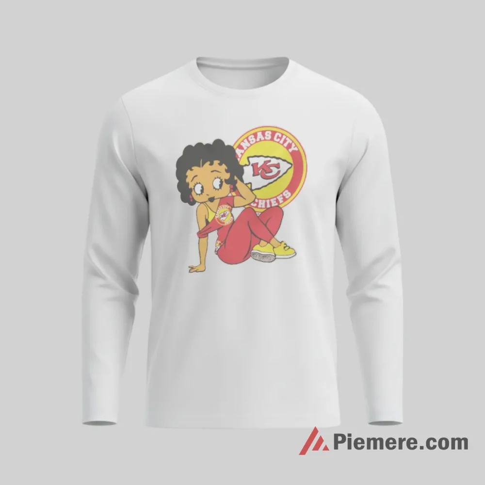Betty Boop Kansas City Chiefs Relaxed Stadium Pose Shirt on white long sleeve shirt for men graphic tee