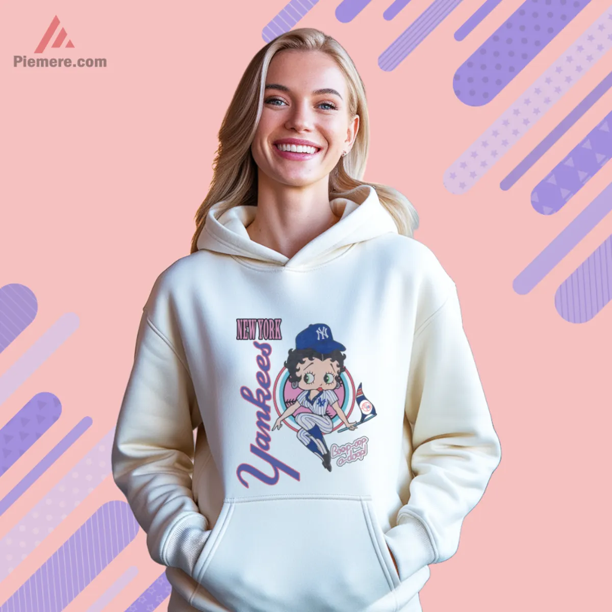 White hoodie featuring Betty Boop Yankees fan art