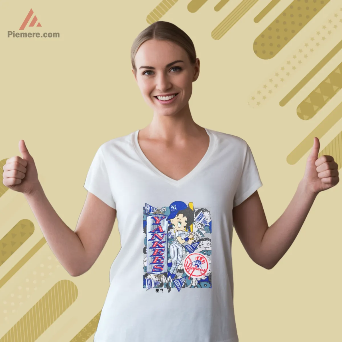 V neck tee featuring Betty Boop in a Yankees theme