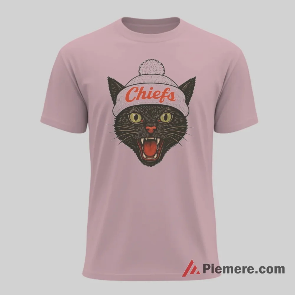 Black Cat Kansas City Chiefs Fierce Beanie Shirt on light pink short sleeve shirt for men graphic tee