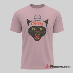 Black Cat Kansas City Chiefs Fierce Beanie Shirt on light pink short sleeve shirt for men graphic tee