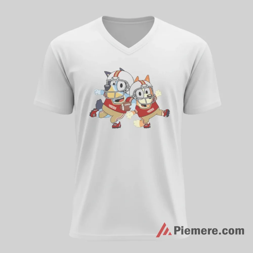 Bluey San Francisco 49ers Kids Game Day Shirt on white v-neck shirt for men graphic tee