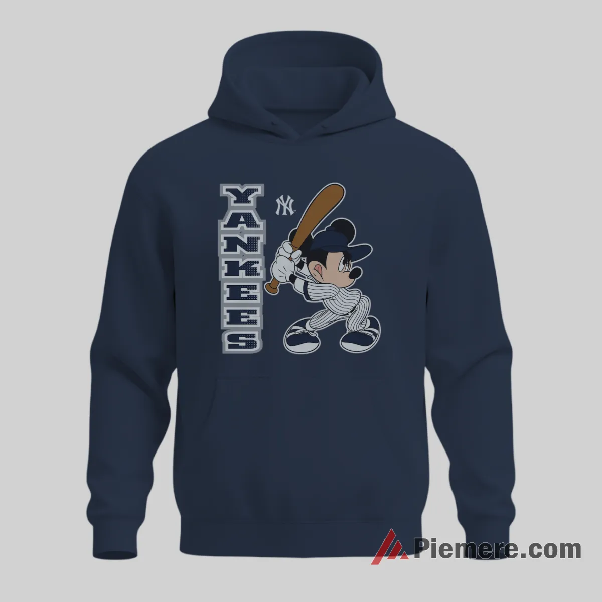 Bold Vertical Yankees Letters Mickey Slugger Shirt on navy hoodie for men graphic tee