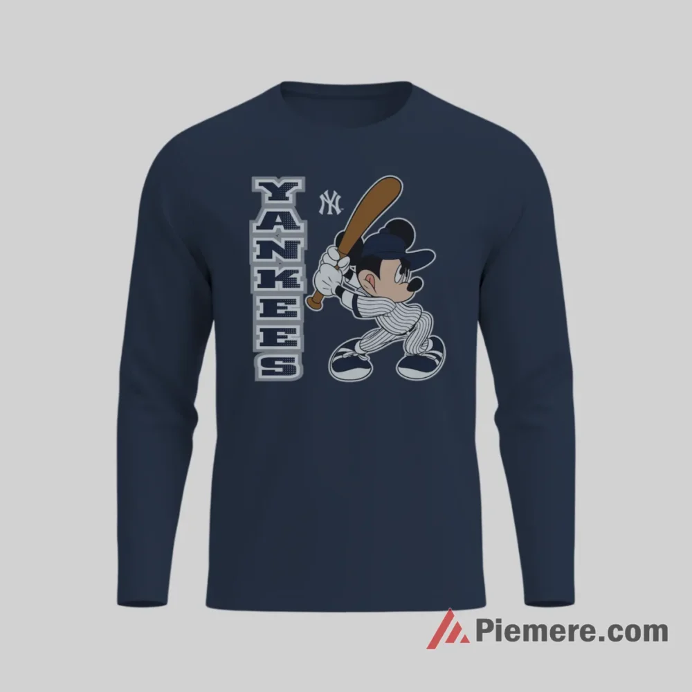 Bold Vertical Yankees Letters Mickey Slugger Shirt on navy long sleeve shirt for men graphic tee