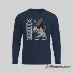 Bold Vertical Yankees Letters Mickey Slugger Shirt on navy long sleeve shirt for men graphic tee