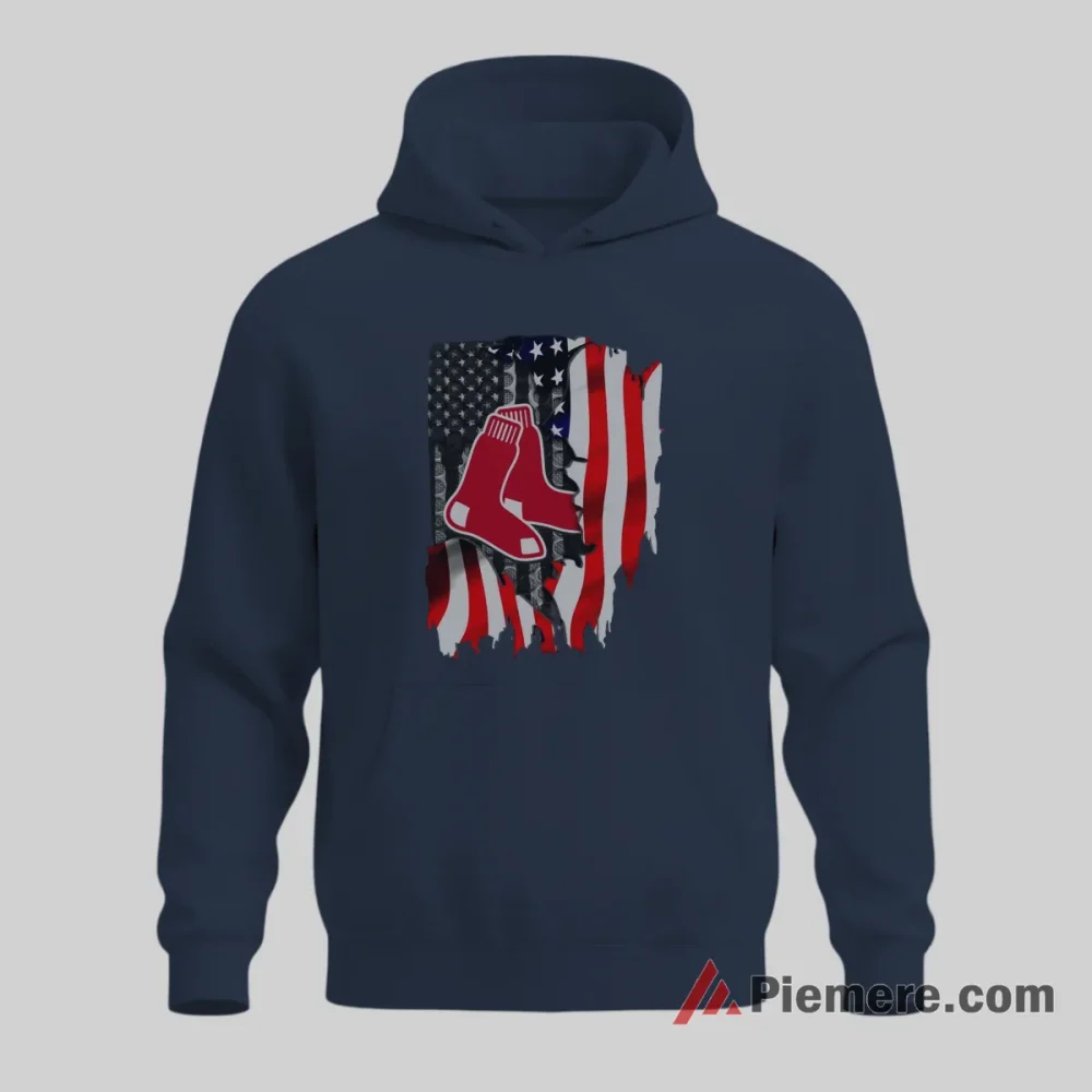 Boston Red Sox American Flag Baseball Fan Shirt on navy hoodie for men graphic tee