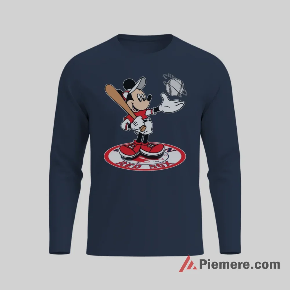 Boston Red Sox Cheerful Mickey Mouse Baseball Shirt on navy long sleeve shirt for men graphic tee