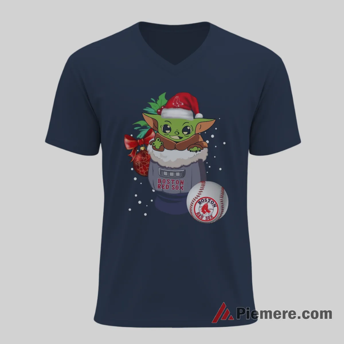 Boston Red Sox Christmas Baby Yoda Baseball Shirt on navy v-neck shirt for men graphic tee