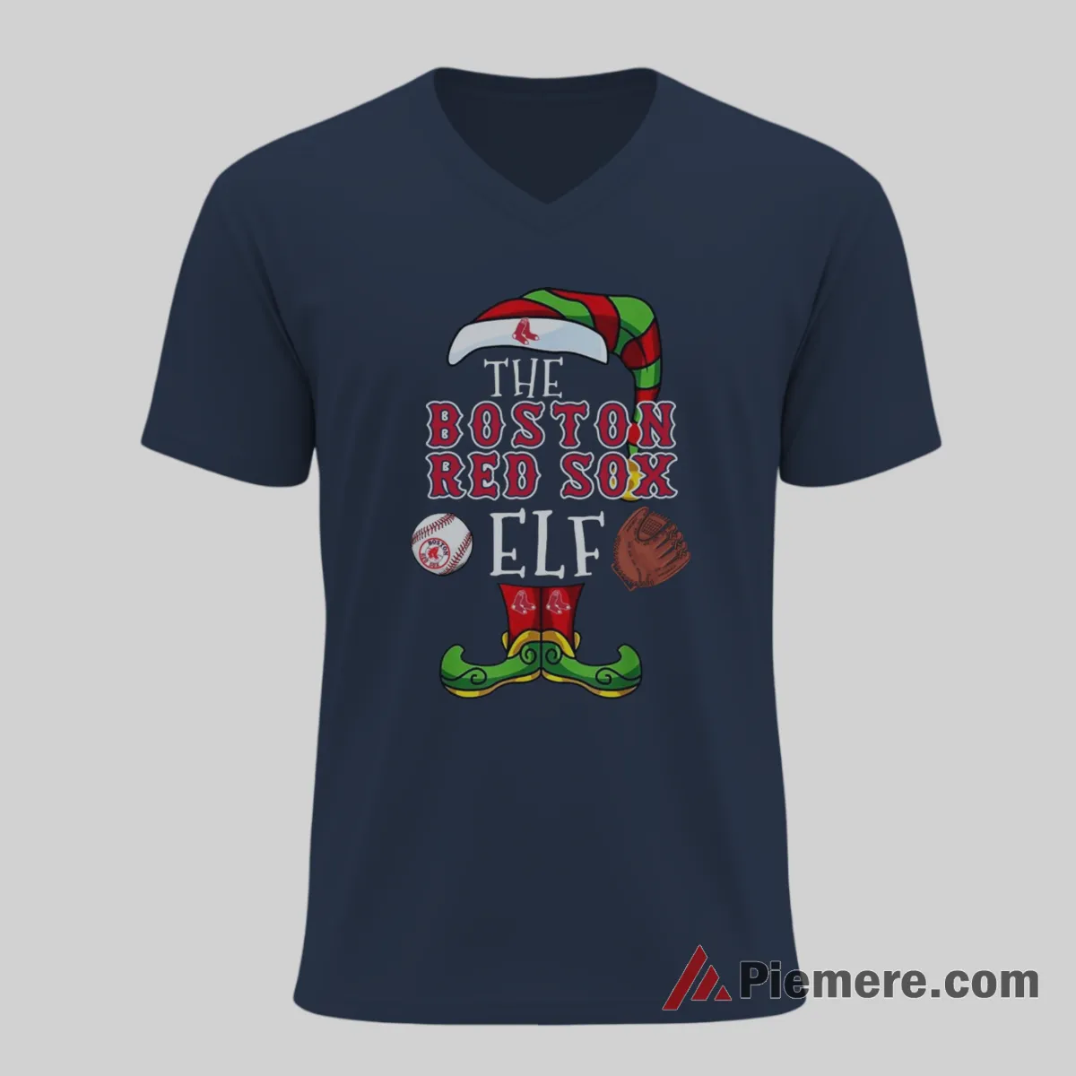 Boston Red Sox Christmas Elf Baseball Shirt on navy v-neck shirt for men graphic tee