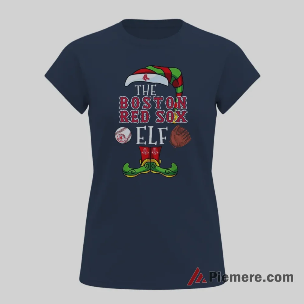 Boston Red Sox Christmas Elf Baseball Shirt on navy short sleeve shirt for women graphic tee