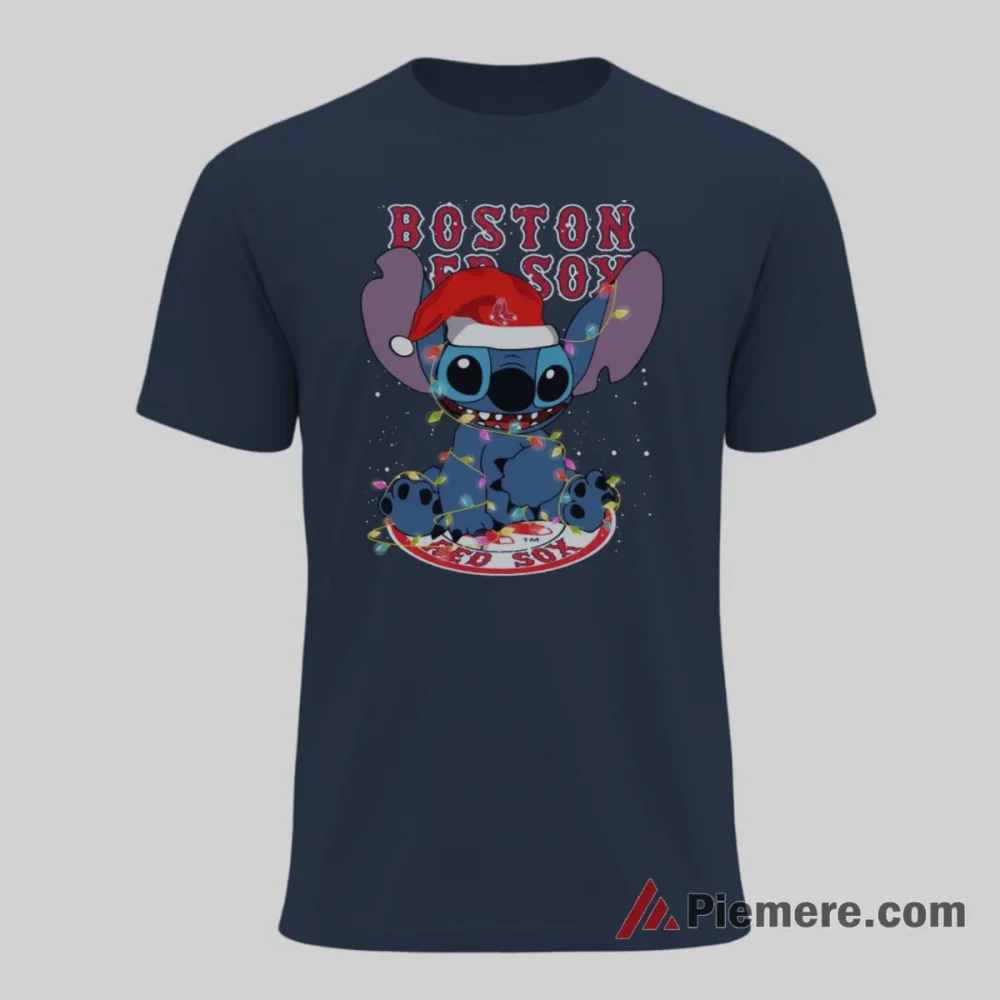 Boston Red Sox Christmas Stitch Baseball Shirt on navy short sleeve shirt for men graphic tee