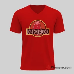 Boston Red Sox Jurassic Park Dinosaur Baseball Shirt on red v-neck shirt for men graphic tee