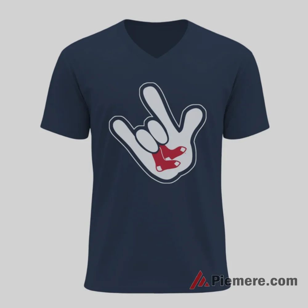 Boston Red Sox Mickey Mouse Rock Hand Fan Shirt on navy v-neck shirt for men graphic tee