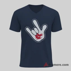 Boston Red Sox Mickey Mouse Rock Hand Fan Shirt on navy v-neck shirt for men graphic tee