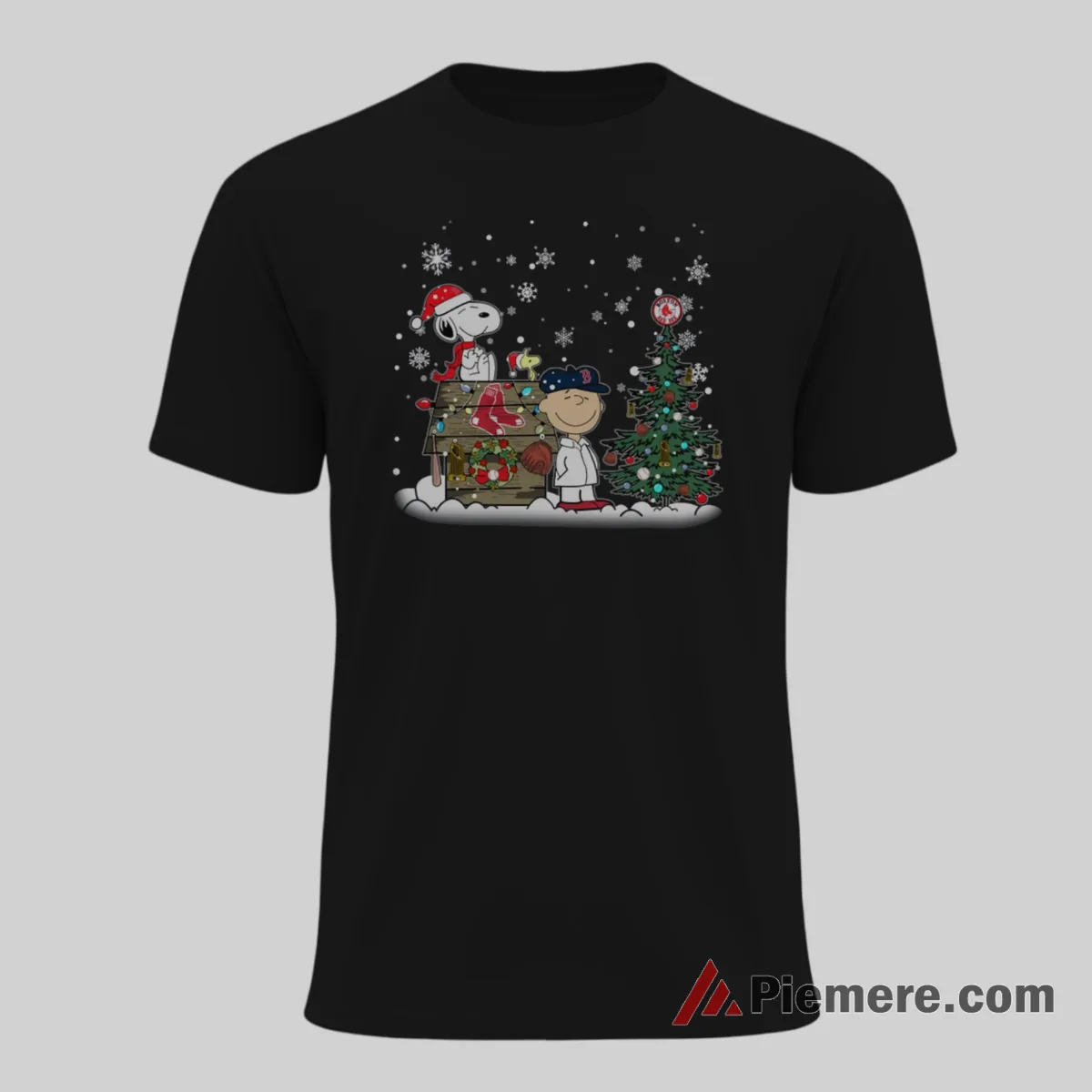 Boston Red Sox Snoopy Charlie Brown Christmas Baseball Shirt on black short sleeve shirt for men graphic tee