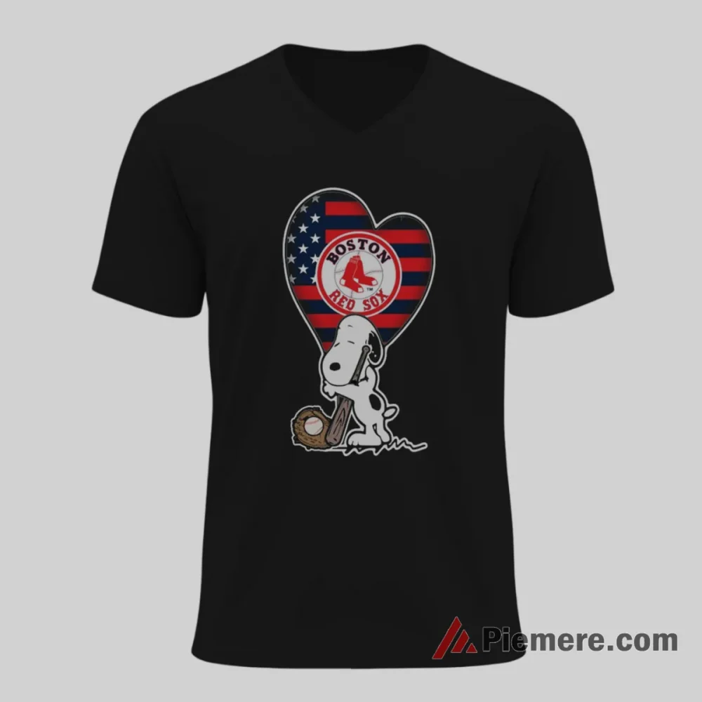 Boston Red Sox Snoopy Heart Baseball Shirt on black v-neck shirt for men graphic tee