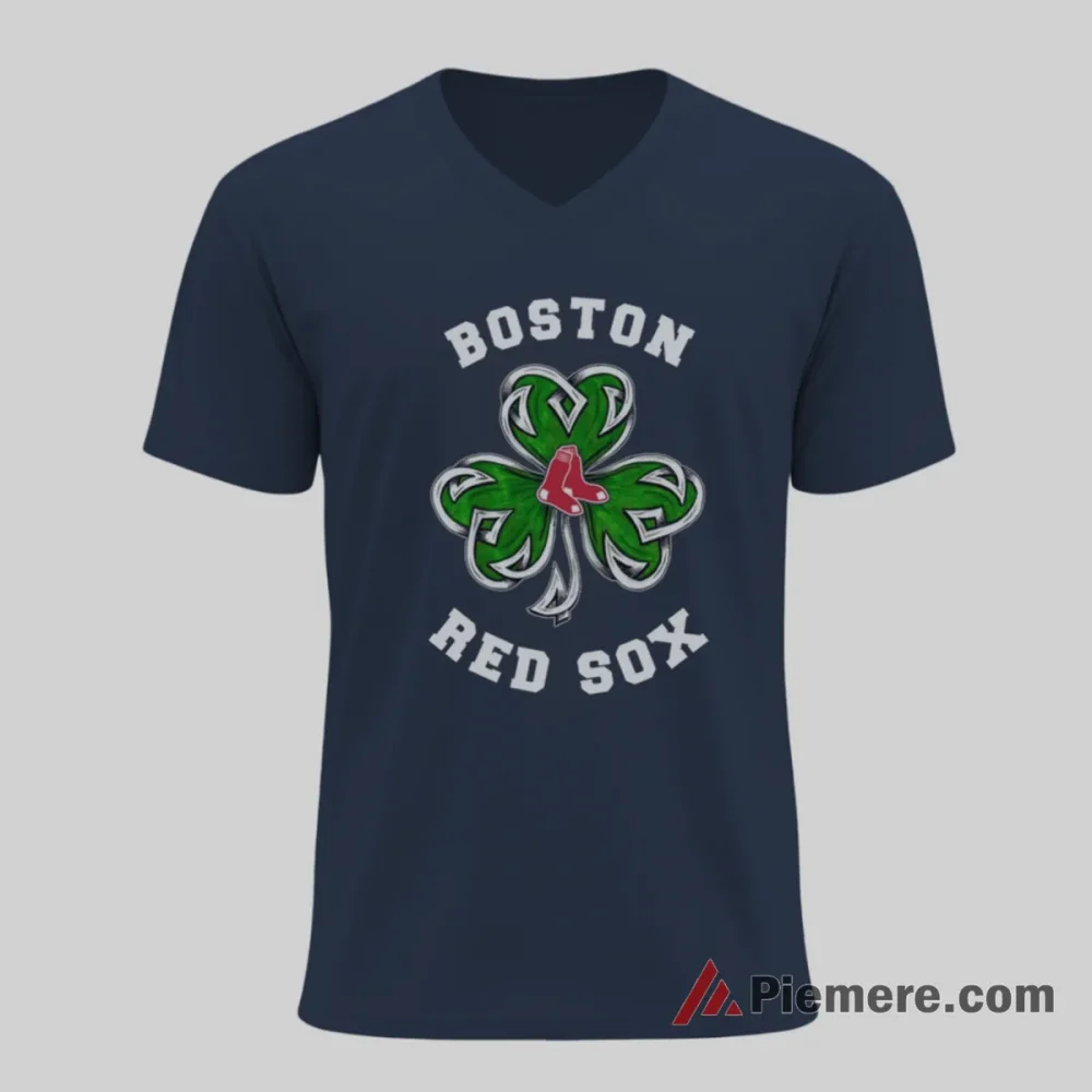 Boston Red Sox St Patricks Day Three Leaf Clover Shirt on navy v-neck shirt for men graphic tee