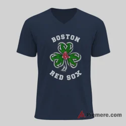 Boston Red Sox St Patricks Day Three Leaf Clover Shirt on navy v-neck shirt for men graphic tee