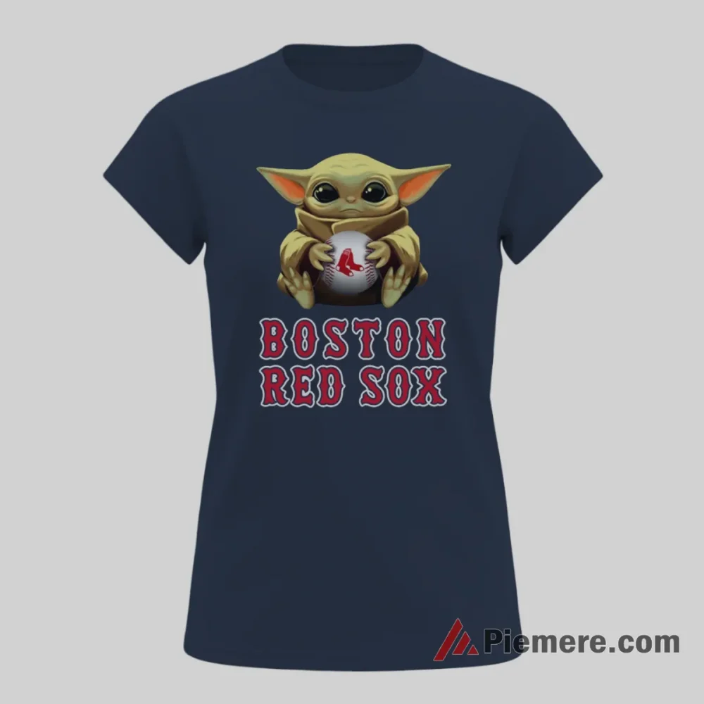 Boston Red Sox Star Wars Baby Yoda Baseball Shirt on navy short sleeve shirt for women graphic tee