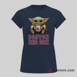 Boston Red Sox Star Wars Baby Yoda Baseball Shirt on navy short sleeve shirt for women graphic tee