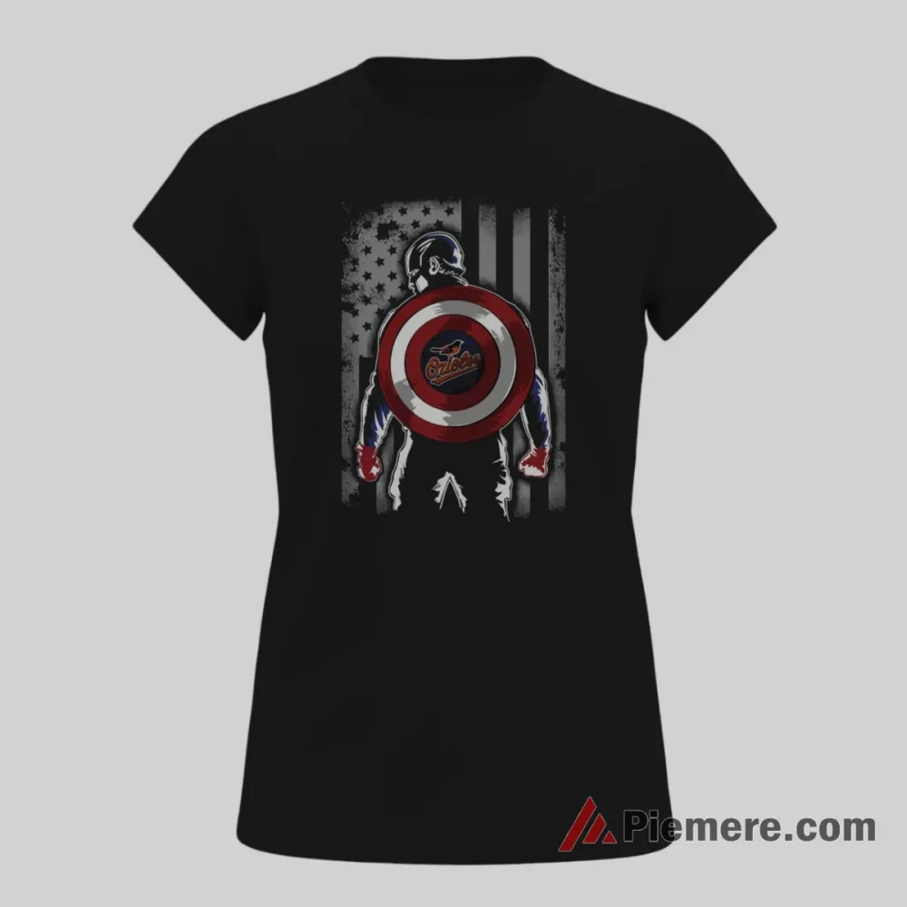 Captain America Baltimore Orioles Patriot Shield Shirt on black short sleeve shirt for women graphic tee