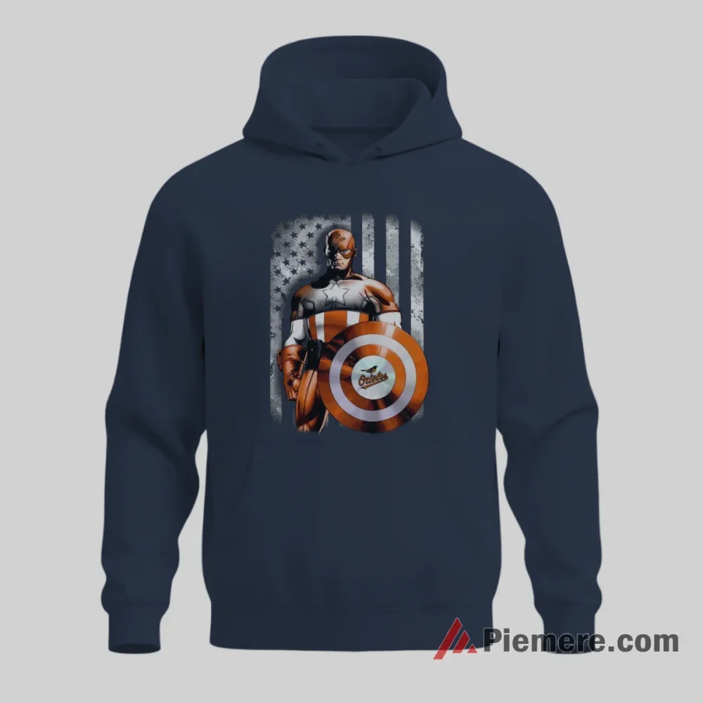 Captain America Baltimore Orioles Patriotic Hero Shirt on navy hoodie for men graphic tee