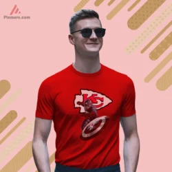 Captain America Kansas City Chiefs Football Shirt with hero pose and shield in front of KC arrowhead